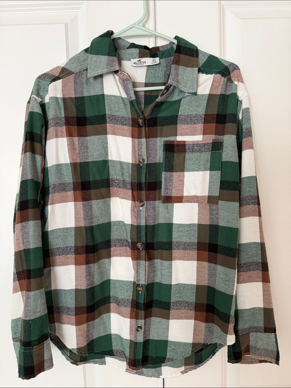 Hollister Green Brown White Plaid Button-Down Shirt